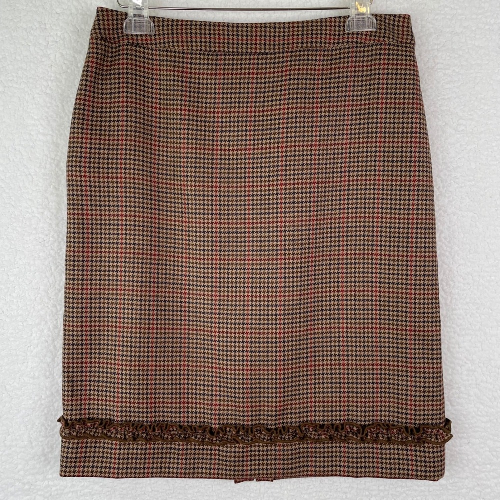 Casual Corner NWT Brown Houndstooth 100% Wool Ruffle Trim Pencil Skirt Size 12